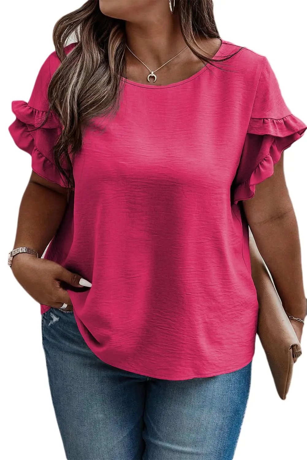 Bright Pink Ruffled Short Sleeve Plus Size Top - Love Salve